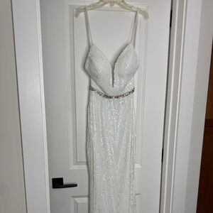 faviana white prom dress Strapless Floral-Print Sequin Prom Dress with Slit Ivory Floral / 10